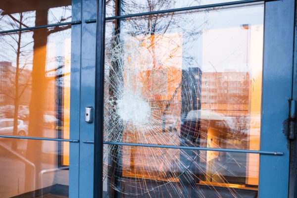 Broken glass front door outside